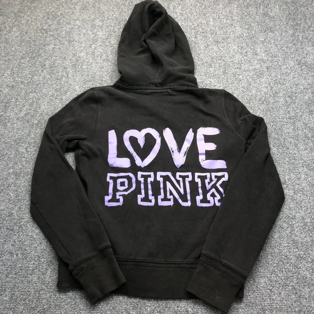 Victoria's Secret PINK Zip Up Hoodie Black Purple Heart Love Pink Graphic Medium